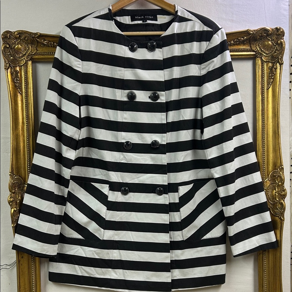 Black Rivet Black and White Striped Pea Coat XL